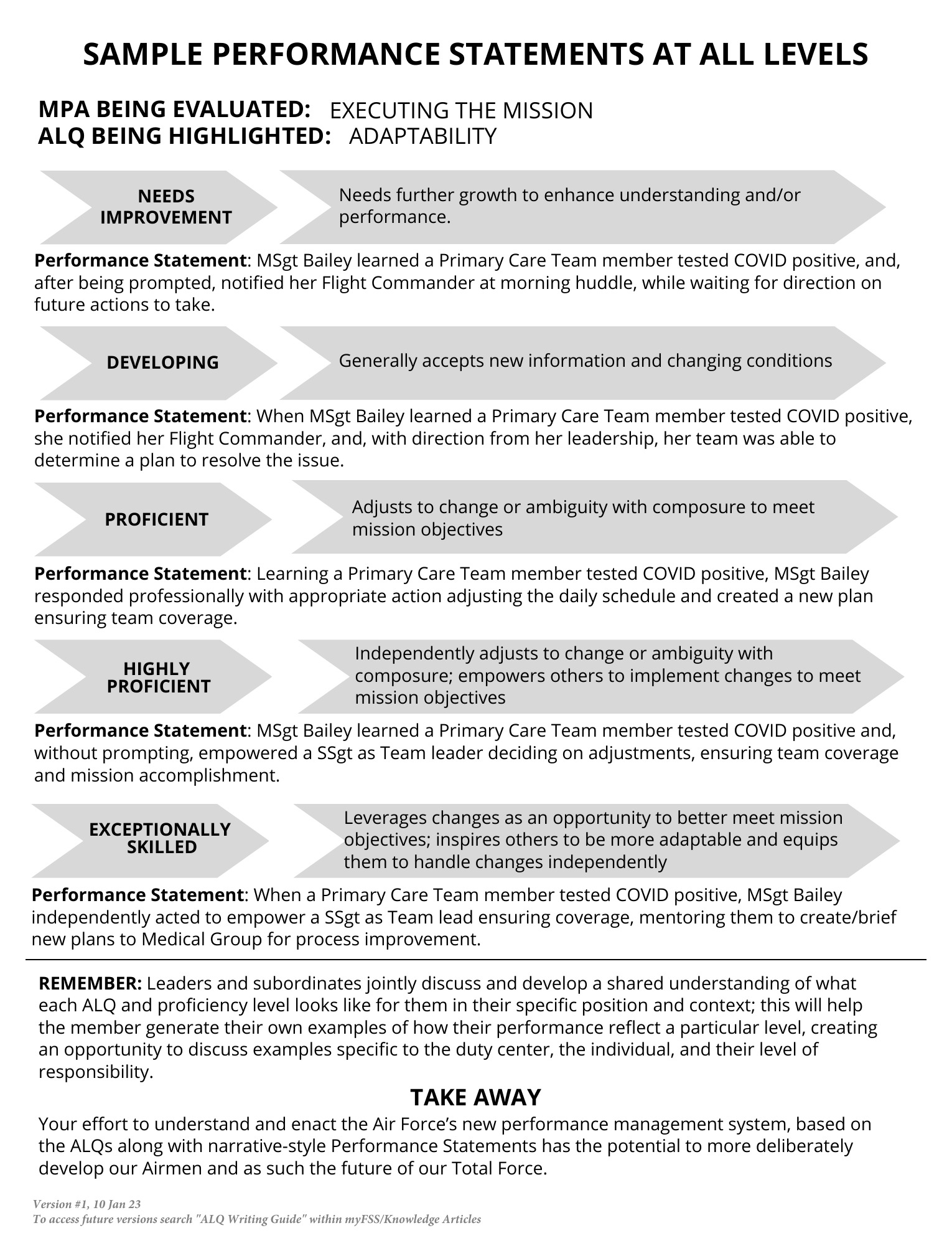 ALQ guide page 5: sample performance statements at all levels